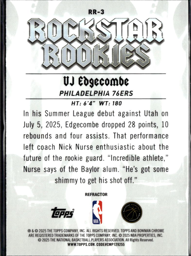 VJ Edgecombe 2025 Bowman Chrome Rockstar Rookies RC Refractor 76ers
