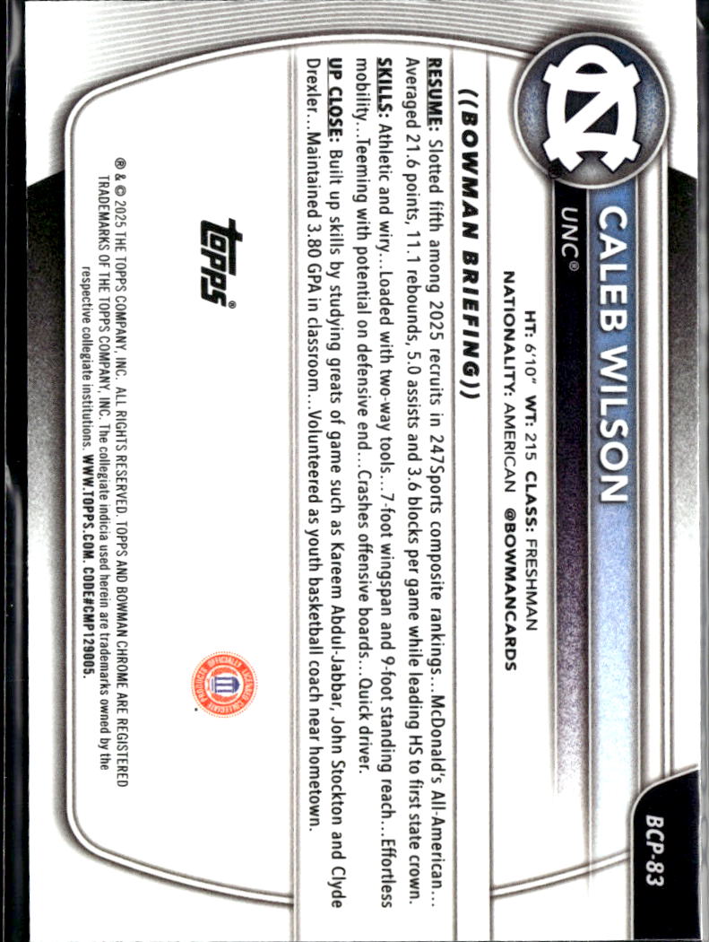 Caleb Wilson 2025 Bowman Chrome 1st Rookie RC North Carolina Tar Heels