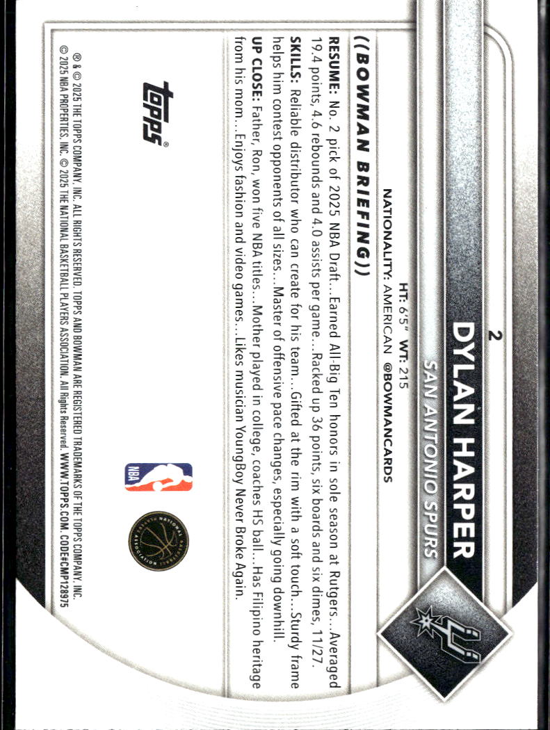 Dylan Harper 2025 Bowman Rookie RC San Antonio Spurs