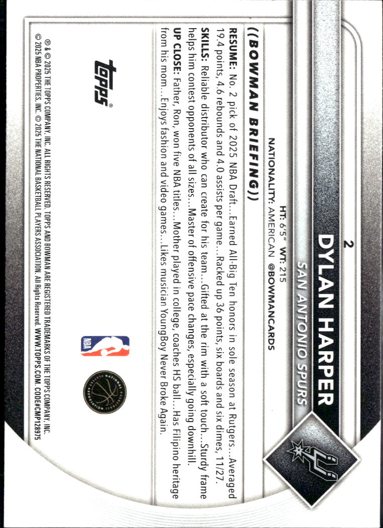 Dylan Harper 2025 Bowman Rookie RC San Antonio Spurs