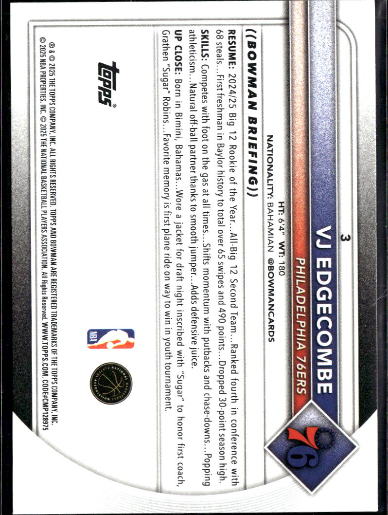VJ Edgecombe 2025 Bowman RC Rookie Philadelphia 76ers