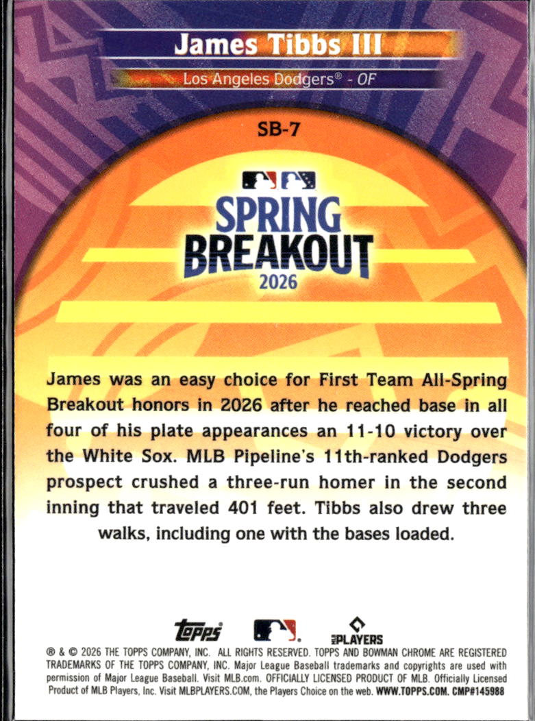 James Tibbs III 2026 Bowman Chrome Spring Breakout Los Angeles Dodgers