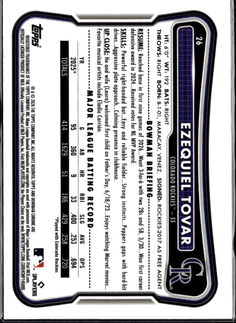 Ezequiel Tovar 2026 Bowman Chrome Yellow Refractor 38/75 Colorado Rockies