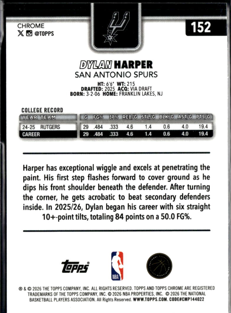 Dylan Harper 2026 Topps Chrome Update Rookie RC San Antonio Spurs