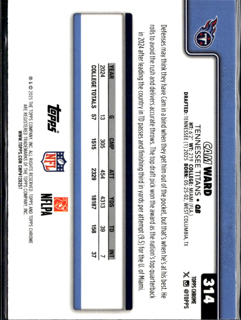 Cam Ward 2025 Topps Chrome Rookie RC Tennessee Titans
