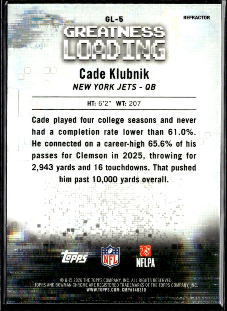 Cade Klubnik 2026 Bowman Chrome Greatness Loading Rookie RC Refractor Jets