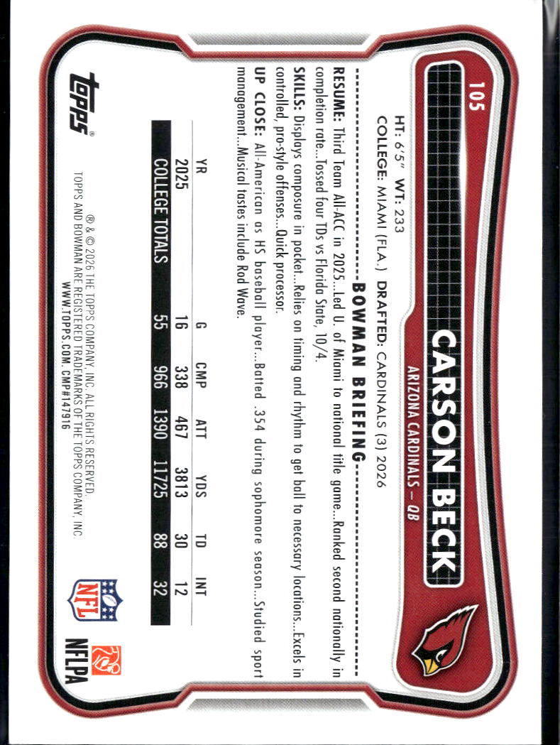 Carson Beck 2026 Bowman Rookie RC Arizona Cardinals