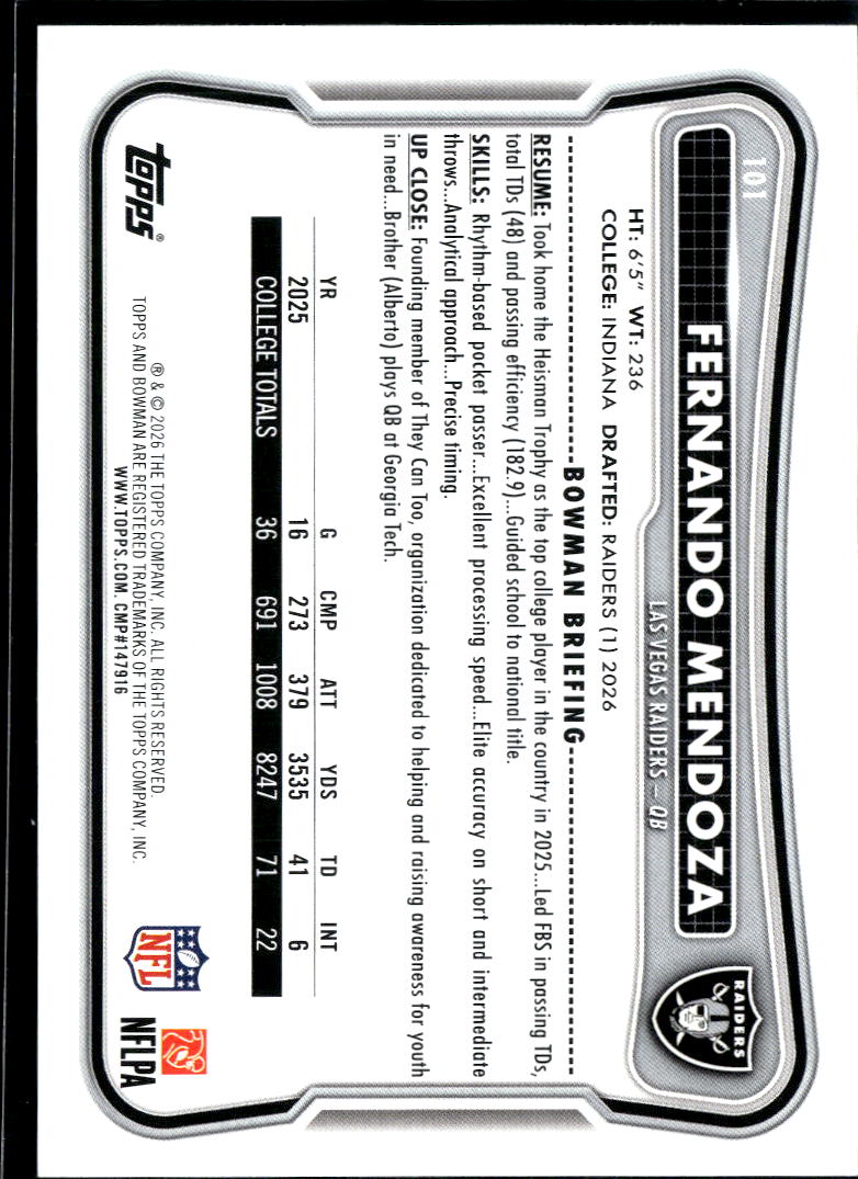 Fernando Mendoza 2026 Bowman Rookie RC Las Vegas Raiders