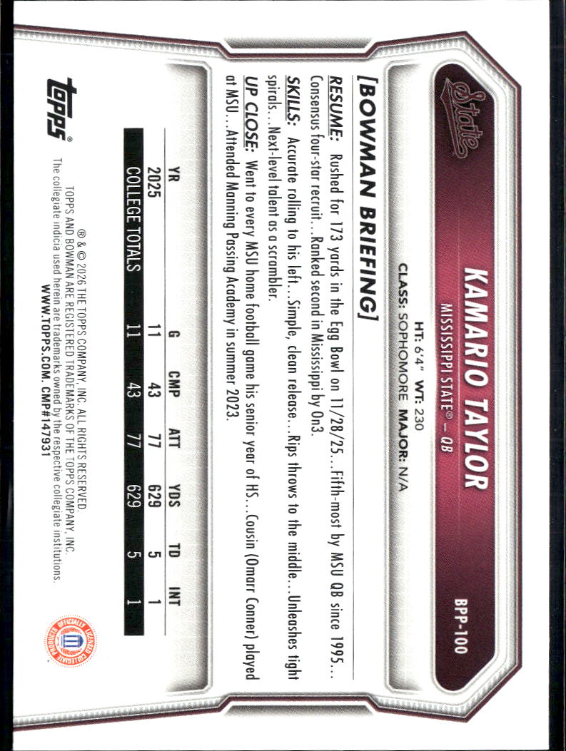 Kamario Taylor 2026 Bowman 1st Rookie RC Mississippi State Bulldogs