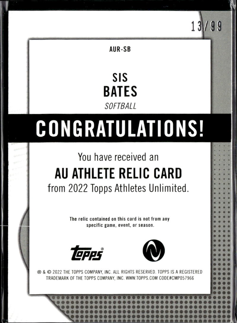 Sis Bates 2022 Topps Athletes Jersey Patch Relic Memorabilia 13/99