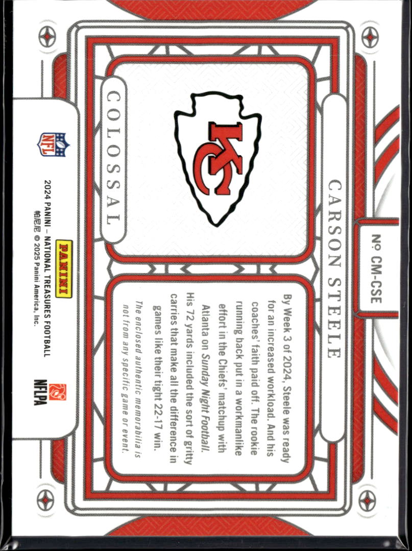 Carson Steele 2024 National Treasures 2 Color Jersey Patch RC 12/25 KC Chiefs