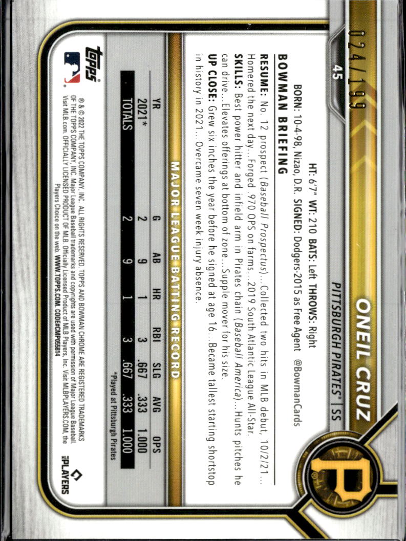 Oneil Cruz 2022 Bowman Chrome Aqua RayWave Refractor RC /199 Pittsburgh Pirates