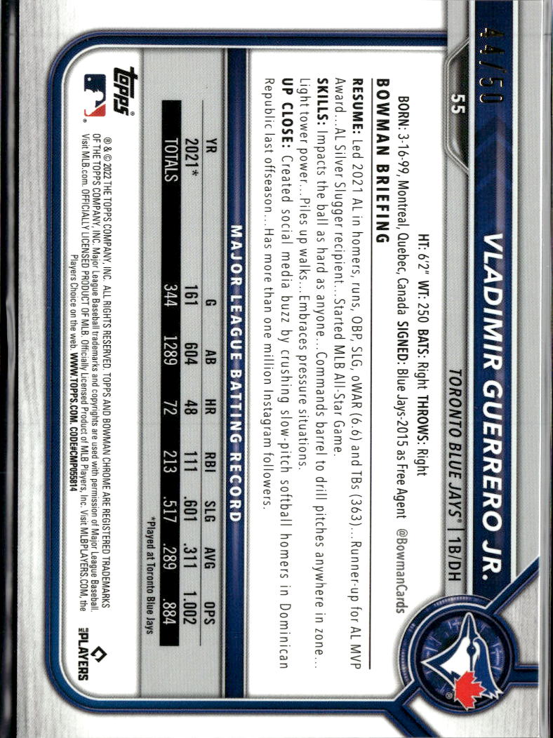 Vladimir Guerrero Jr. 2022 Bowman Chrome GOLD Refractor 44/50 Toronto Blue Jays