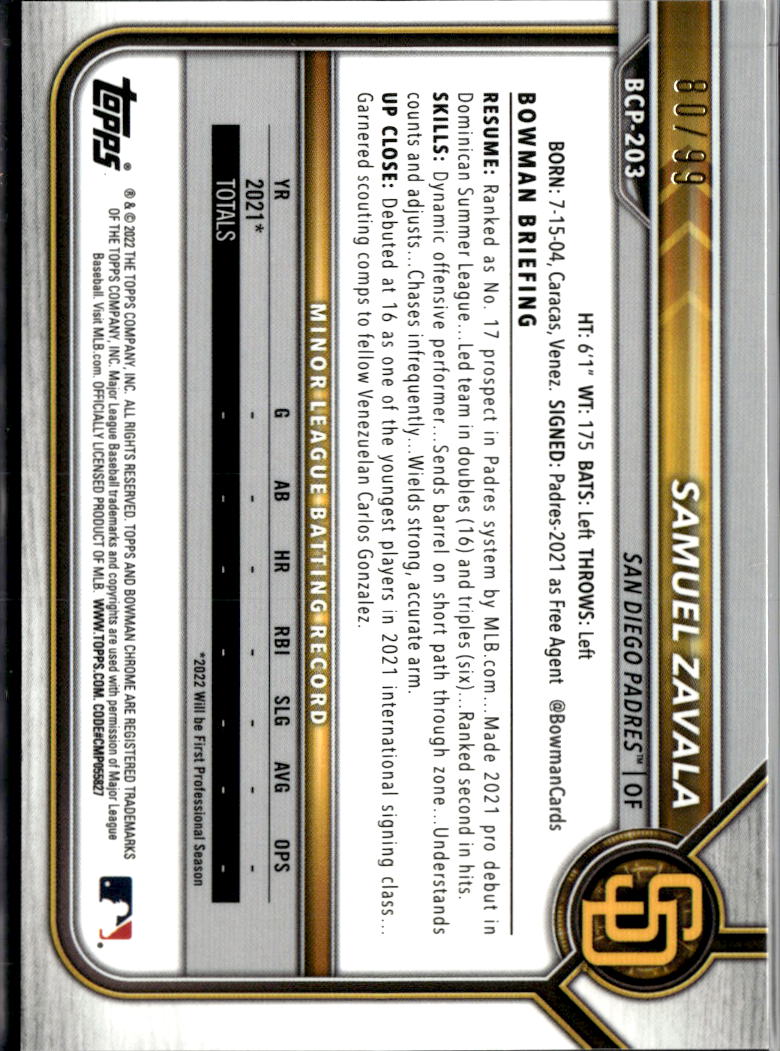 Samuel Zavala 2022 Bowman Chrome 1st Green 80/99 San Diego Padres
