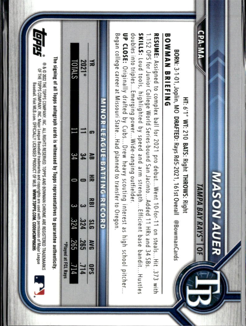 Mason Auer 2022 Bowman Chrome 1st Auto Autograph Tampa Bay Rays