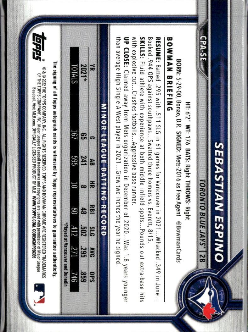 Sebastian Espino 2022 Bowman Chrome Auto Toronto Blue Jays