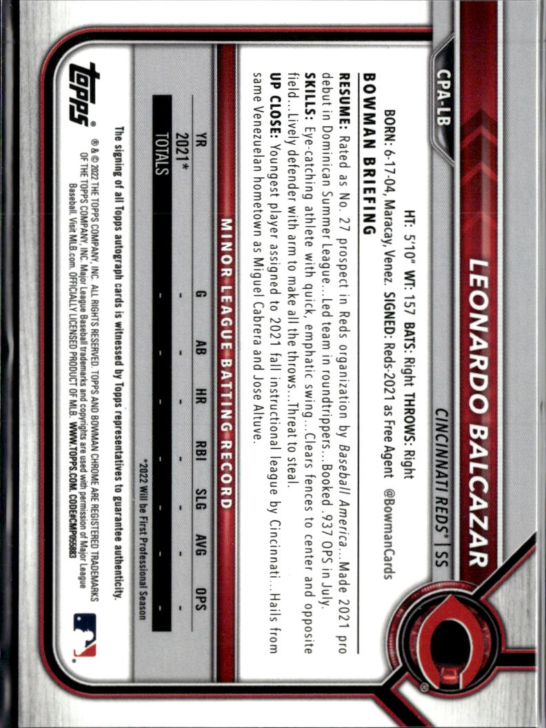 Leonardo Balcazar 2022 Bowman Chrome 1st Auto Autograph Cincinnati Reds