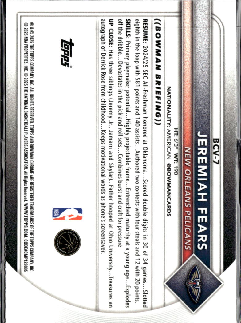 Jeremiah Fears 2025 Bowman Chrome Pink Reptilian RC 7/199 New Orleans Pelicans