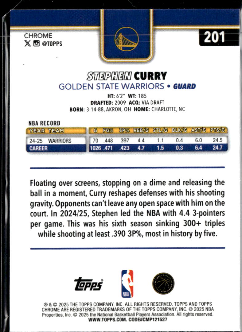 Stephen Curry 2025 Topps Chrome X-Fractor Golden State Warriors