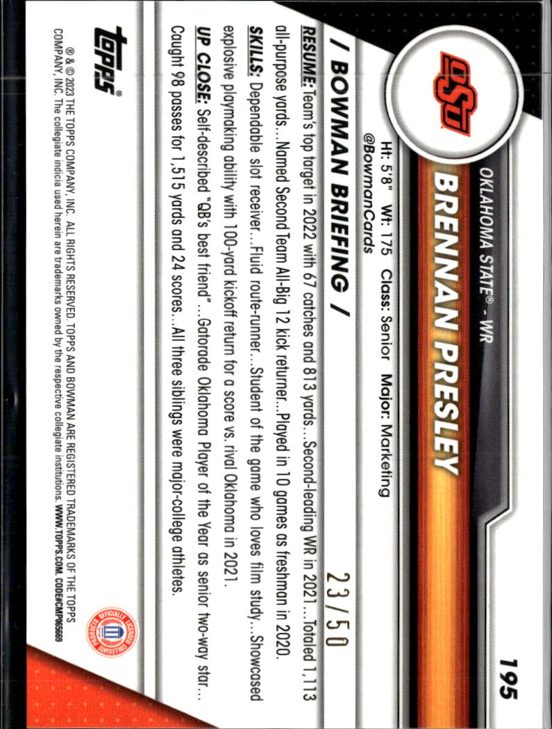 Brennan Presley 2023 Bowman Chrome GOLD Shimmer 23/50 Oklahoma State