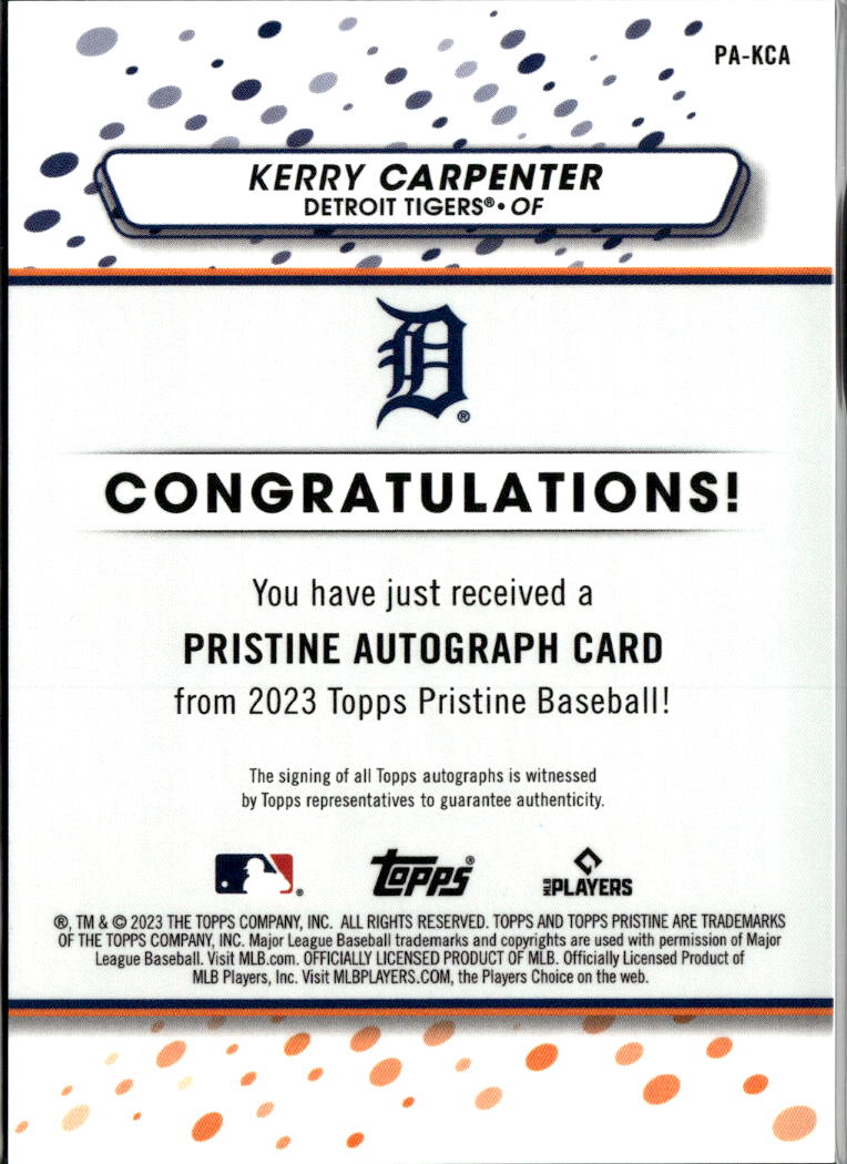 Kerry Carpenter 2023 Topps Pristine Auto Autograph RC Detroit Tigers