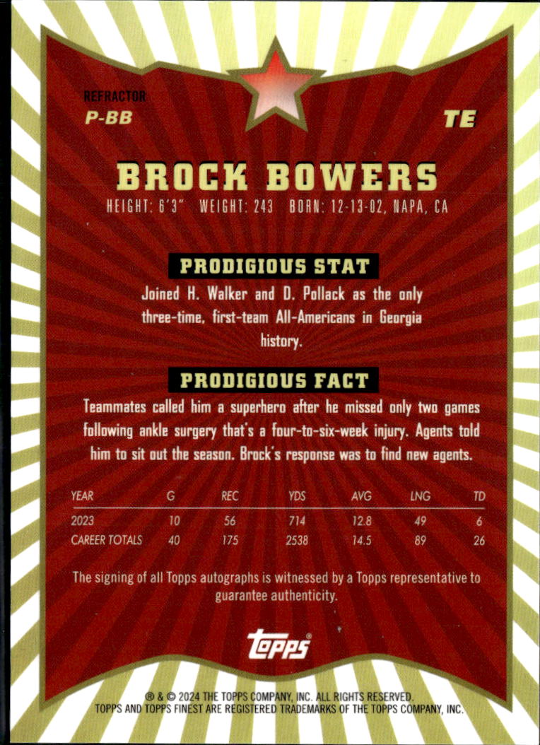 Brock Bowers 2024 Topps Finest Auto Autograph Rookie RC Las Vegas Raiders