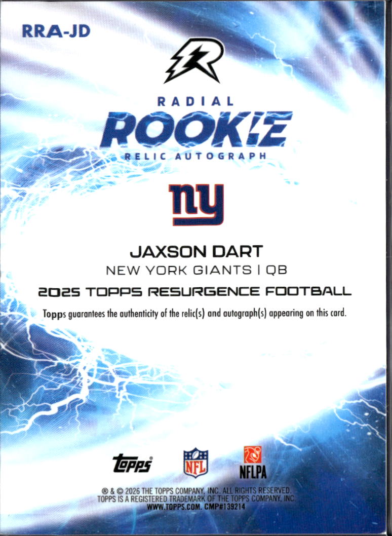 Jaxson Dart 2026 Topps Resurgence Auto Autograph Patch RC New York Giants