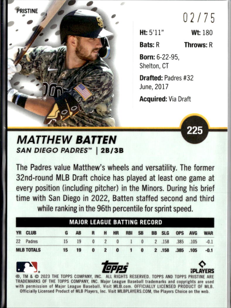 Matthew Batten 2023 Topps Pristine Blue Refractor RC /75 San Diego Padres