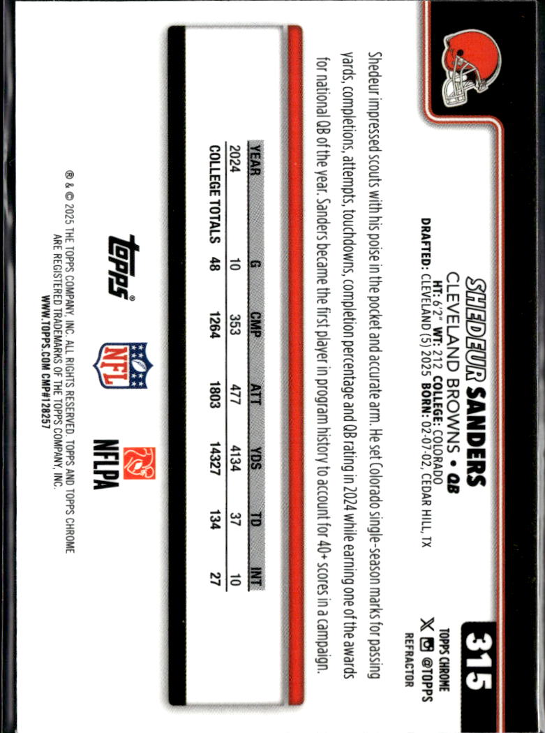 Shedeur Sanders 2025 Topps Chrome RC Refractor Cleveland Browns