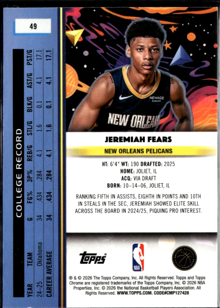 Jeremiah Fears 2026 Topps Chrome Cosmic Rookie RC New Orleans Pelicans