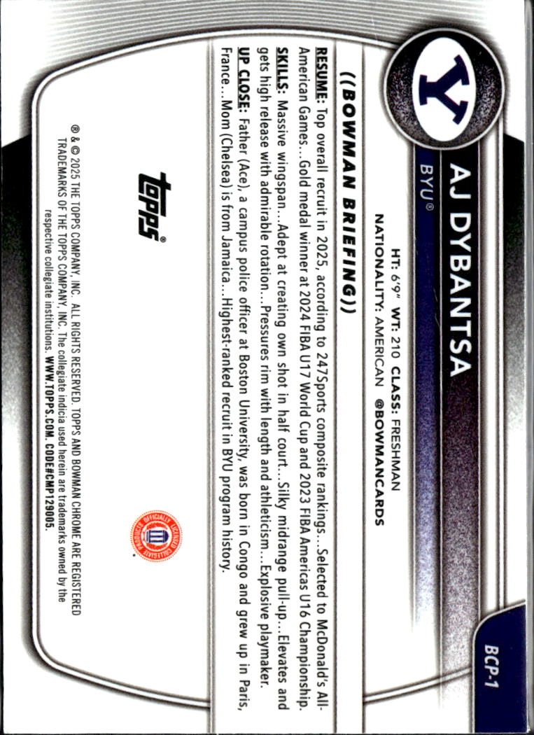 AJ Dybantsa 2025 Bowman Chrome 1st Rookie RC BYU Cougars