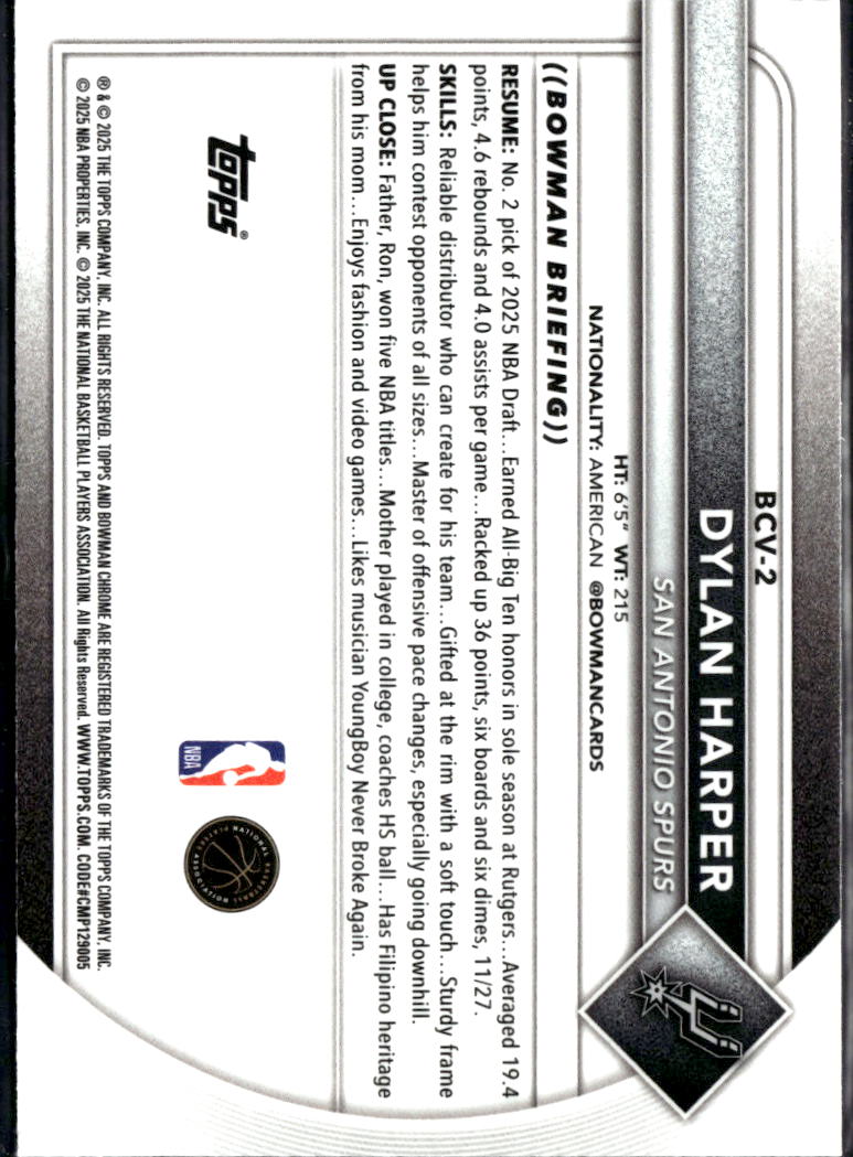 Dylan Harper 2025 Bowman Chrome Rookie RC San Antonio Spurs