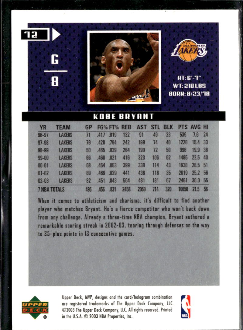 Kobe Bryant 2003 Upper Deck MVP Card #72 Los Angeles Lakers