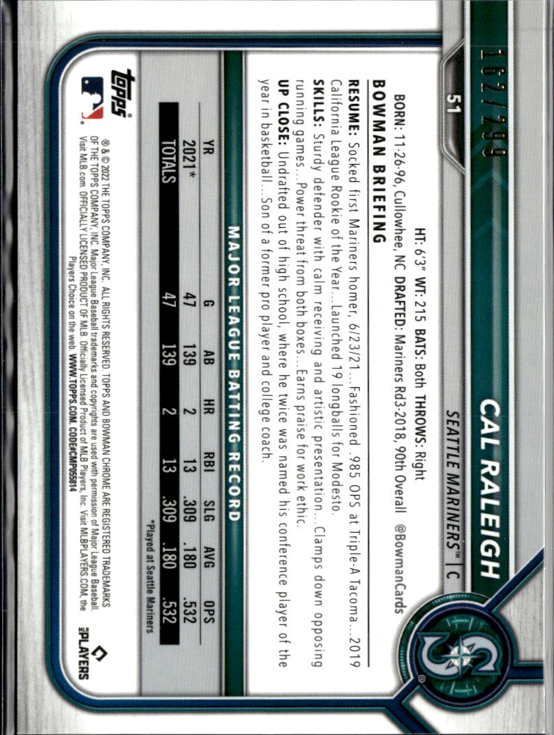 Cal Raleigh 2022 Bowman Chrome RC Fuchsia Rookie 162/299 Seattle Mariners