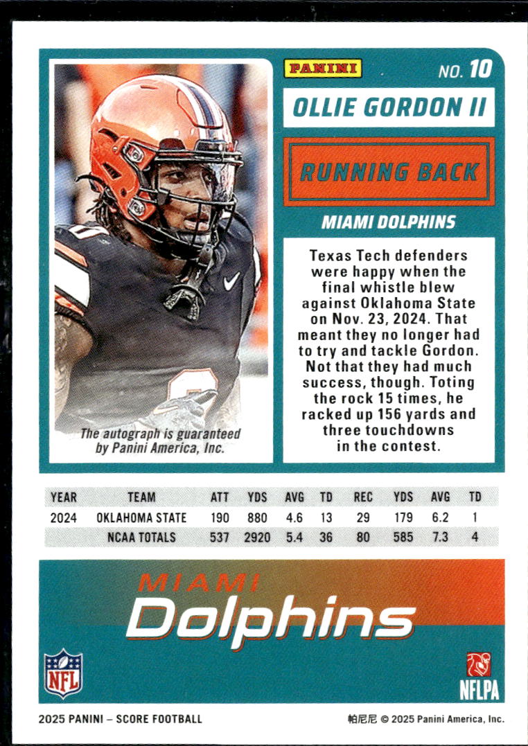 Ollie Gordon II 2025 Score Auto Autograph RC Oklahoma State OSU Miami Dolphins