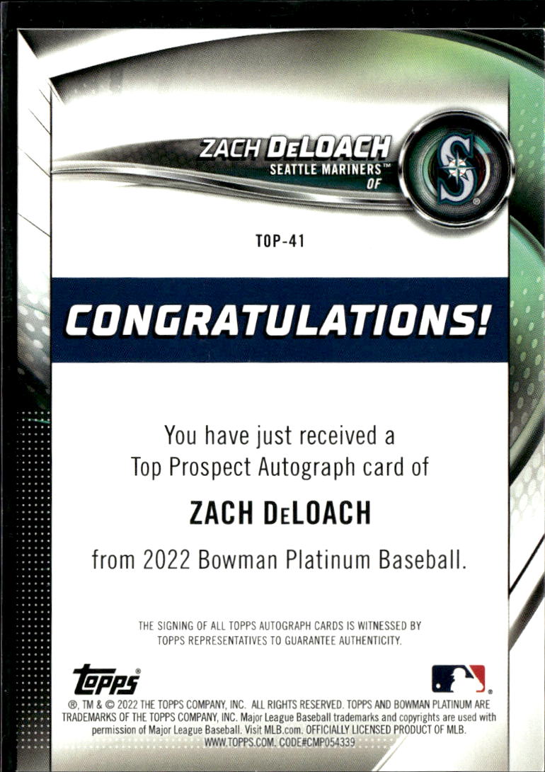 Zach DeLoach 2022 Bowman Platinum Auto Autograph Seattle Mariners