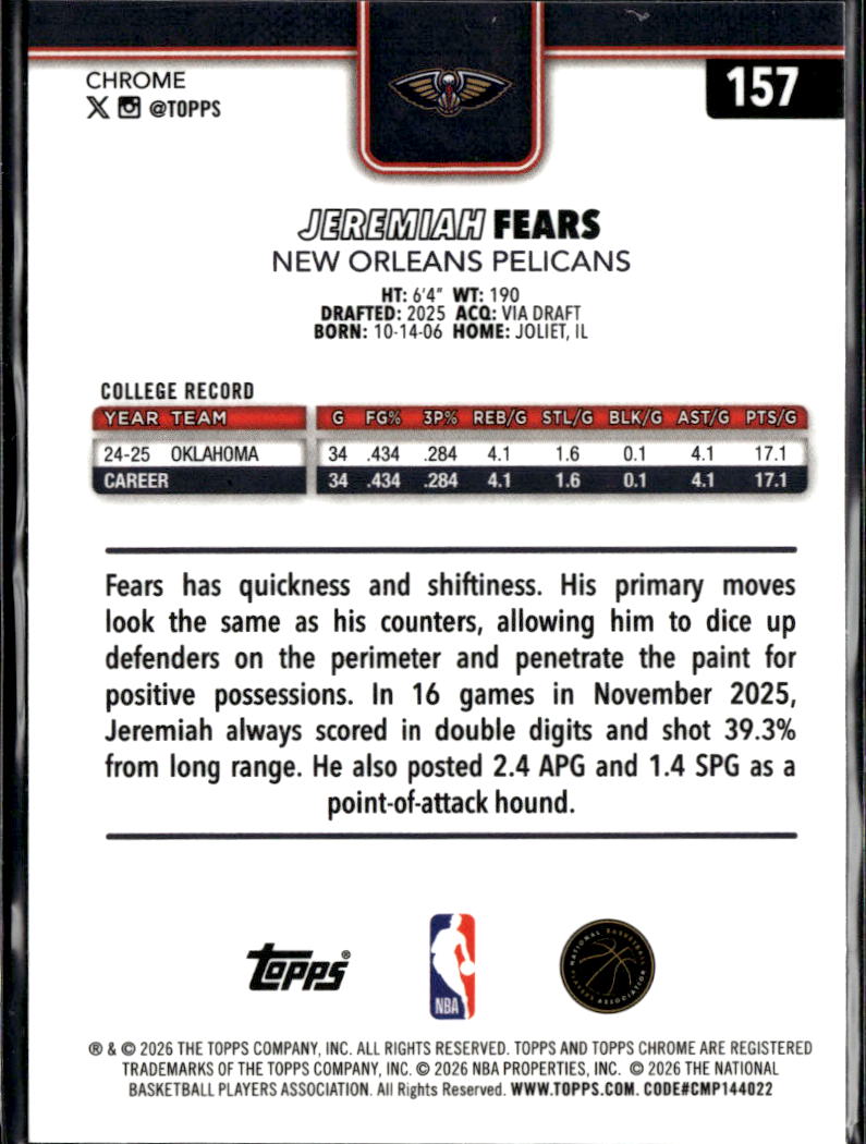 Jeremiah Fears 2026 Topps Chrome RC X-Fractor New Orleans Pelicans