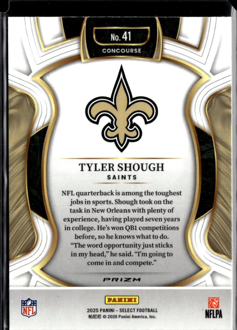 Tyler Shough 2025 Select RC Pink Shock Rookie New Orleans Saints
