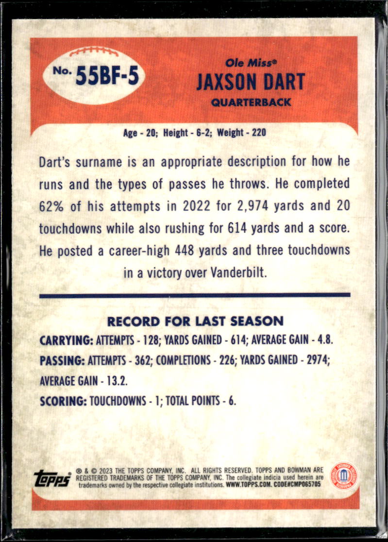 Jaxson Dart 2023 Bowman's Best U Rookie RC Ole Miss Rebels