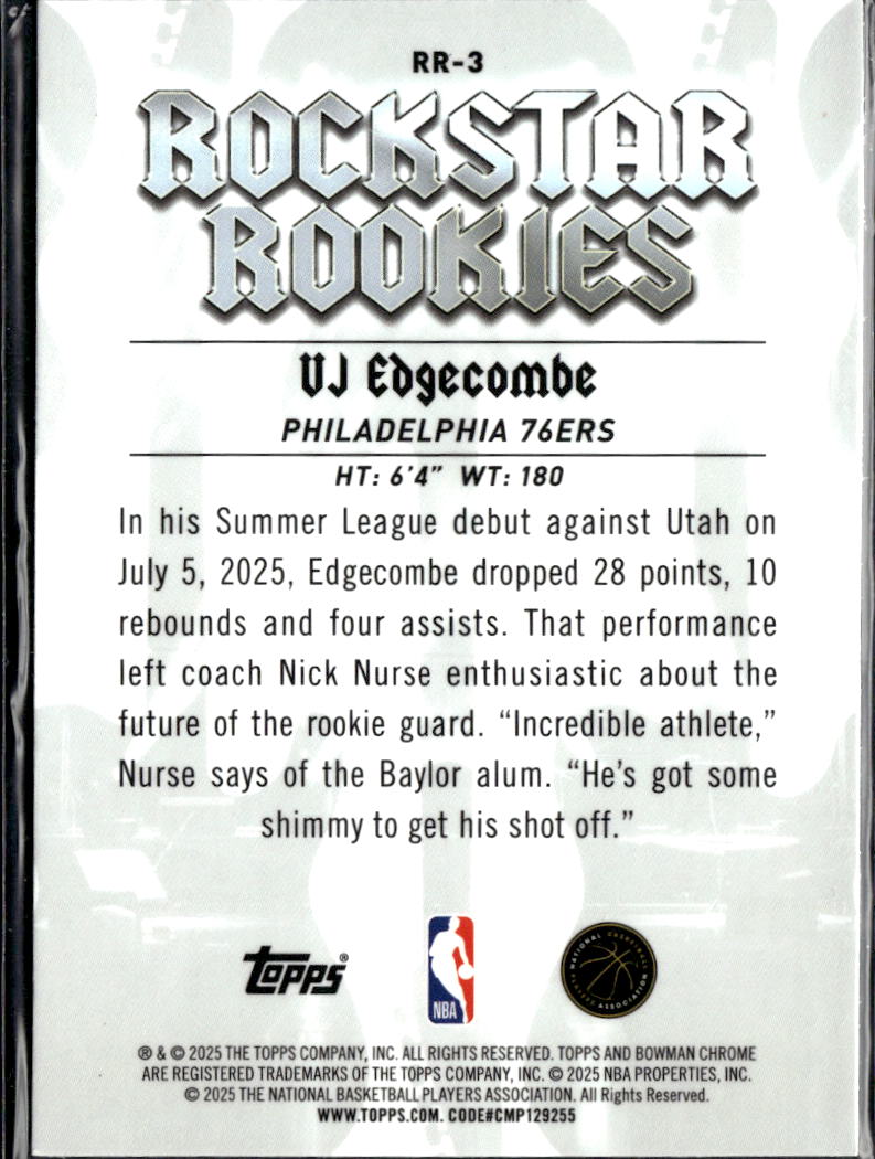 VJ Edgecombe 2025 Bowman Chrome Rockstar Rookies RC Philadelphia 76ers