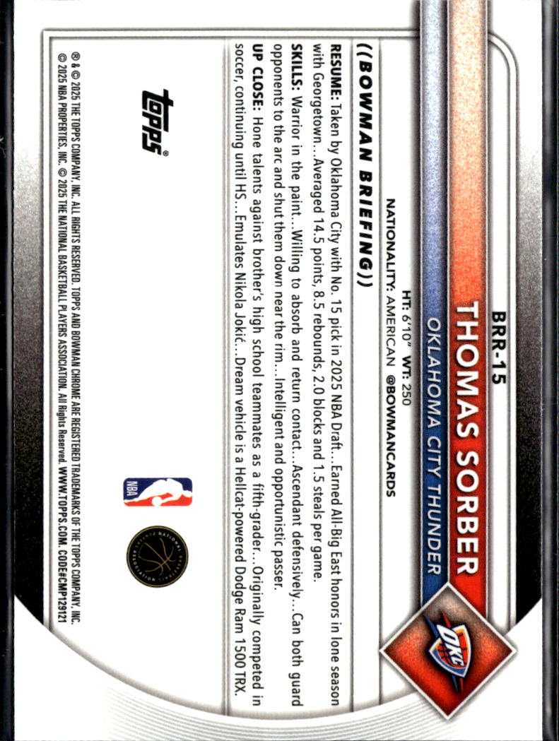 Thomas Sorber 2025 Bowman Chrome RC RED Rookie Oklahoma City Thunder