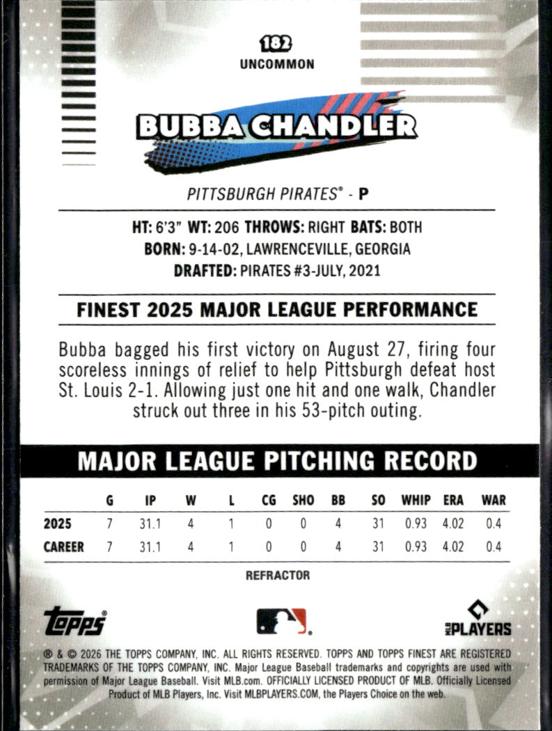 Bubba Chandler 2026 Topps Finest RC Refractor Pittsburgh Pirates