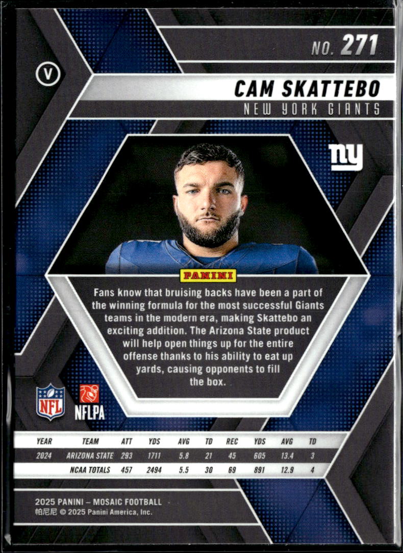 Cam Skattebo 2025 Mosaic No Helmet Variation Rookie RC New York Giants