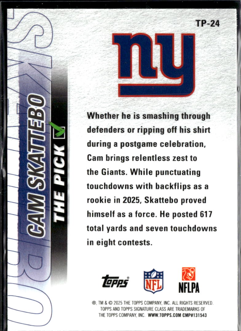 Cam Skattebo 2025 Topps Signature Class Rookie RC New York Giants
