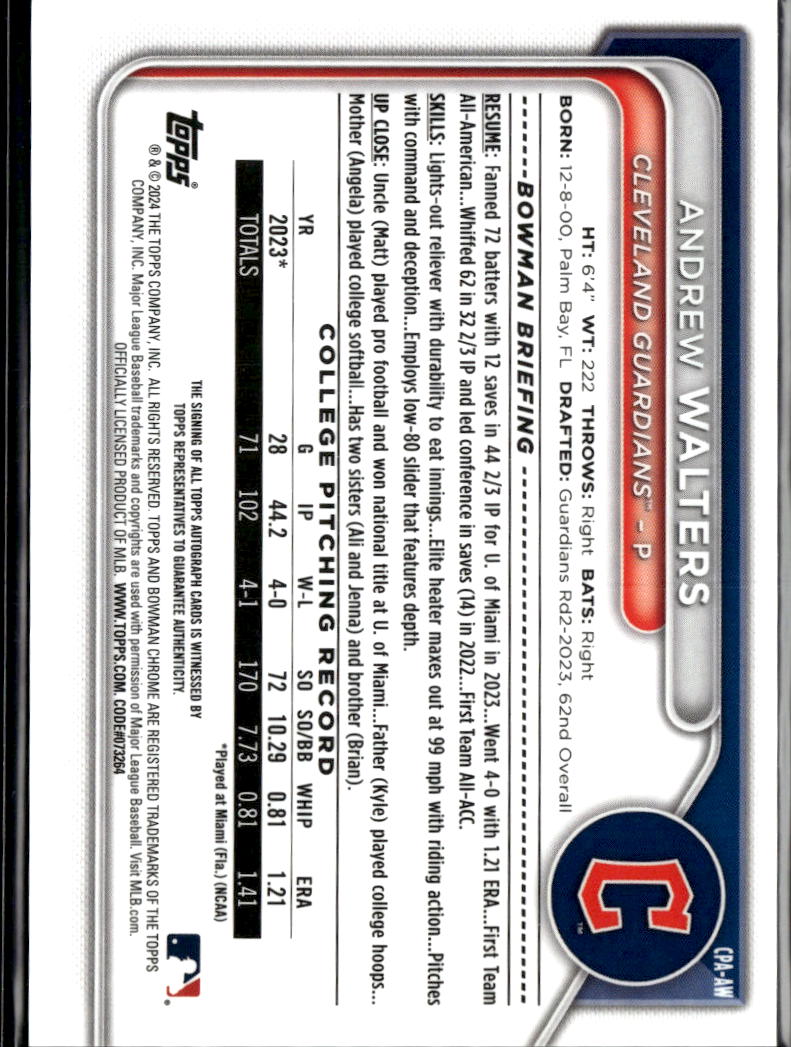 Andrew Walters 2024 Bowman Chrome Auto Autograph Cleveland Guardians
