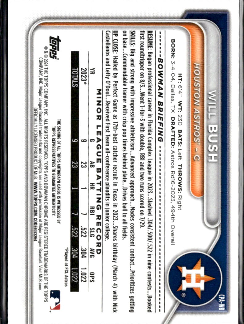 Will Bush 2024 Bowman Chrome 1st Auto Autograph Houston Astros
