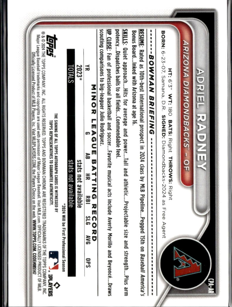 Adriel Radney 2024 Bowman Chrome 1st Auto Autograph Arizona Diamondbacks
