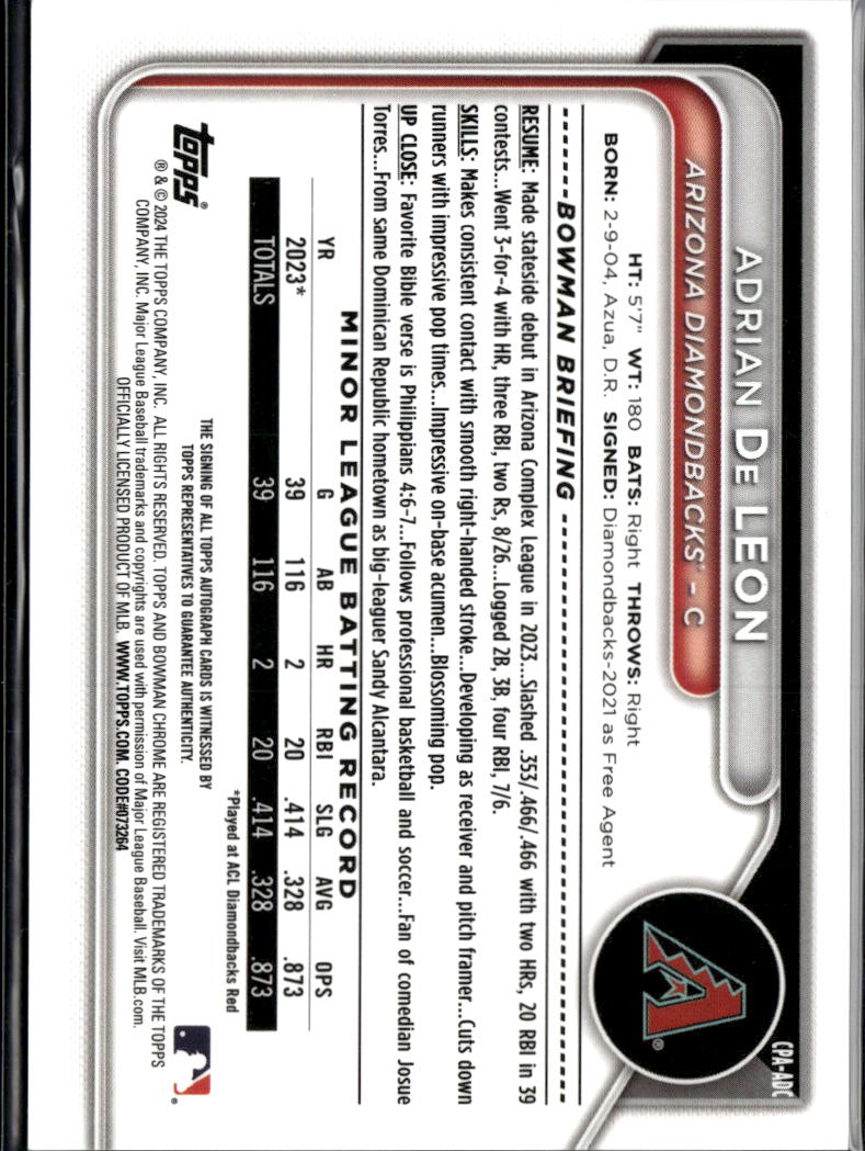 Adrian De Leon 2024 Bowman Chrome 1st Auto Autograph Arizona Diamondbacks