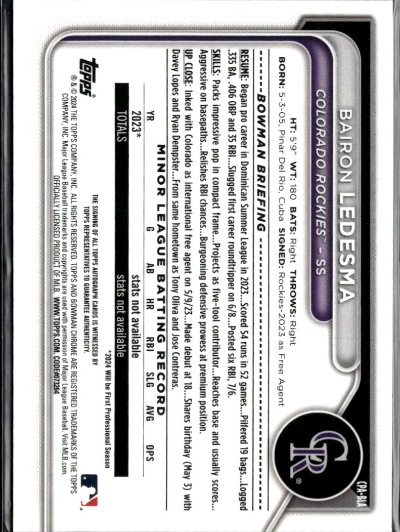 Bairon Ledesma 2024 Bowman Chrome 1st Auto Autograph Colorado Rockies