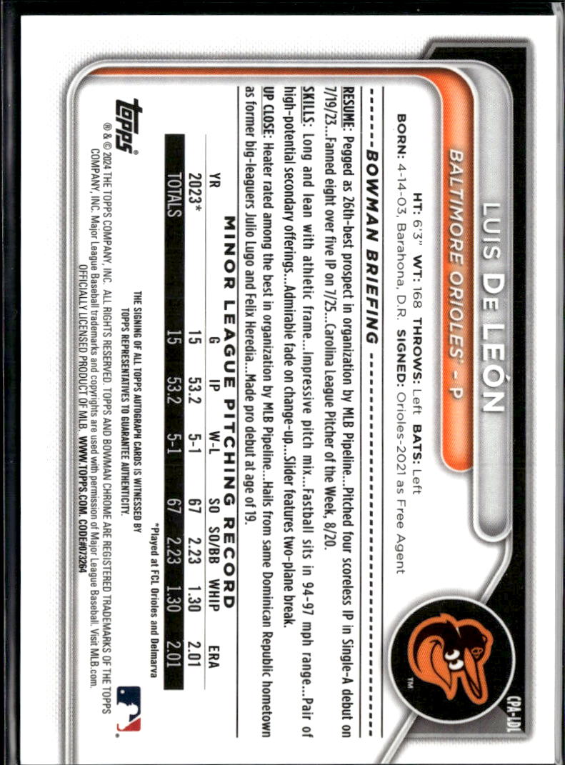 Luis De Leon 2024 Bowman Chrome 1st Auto Autograph Baltimore Orioles